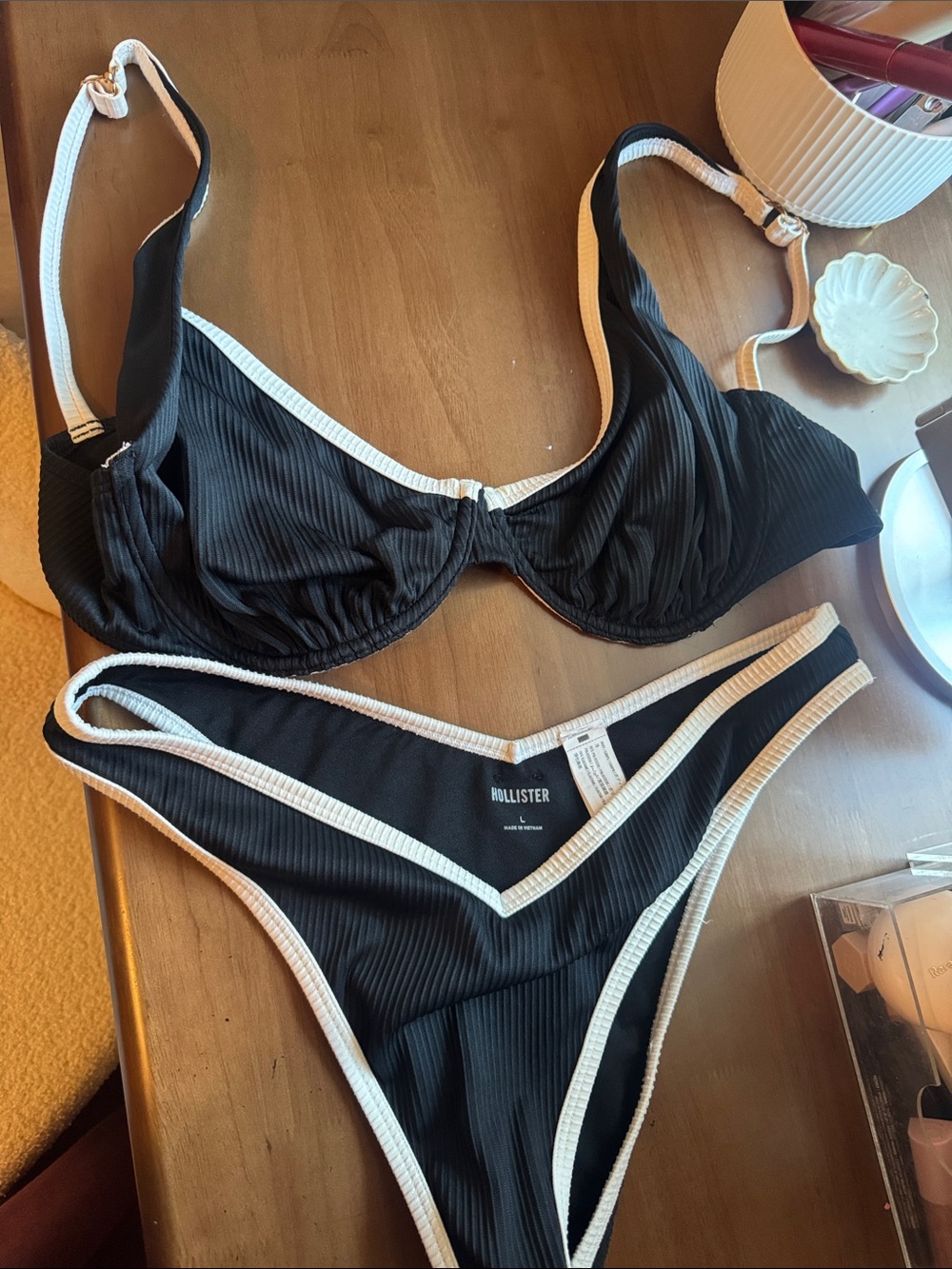 Hollister Black Ribbed Bikini with White Trim